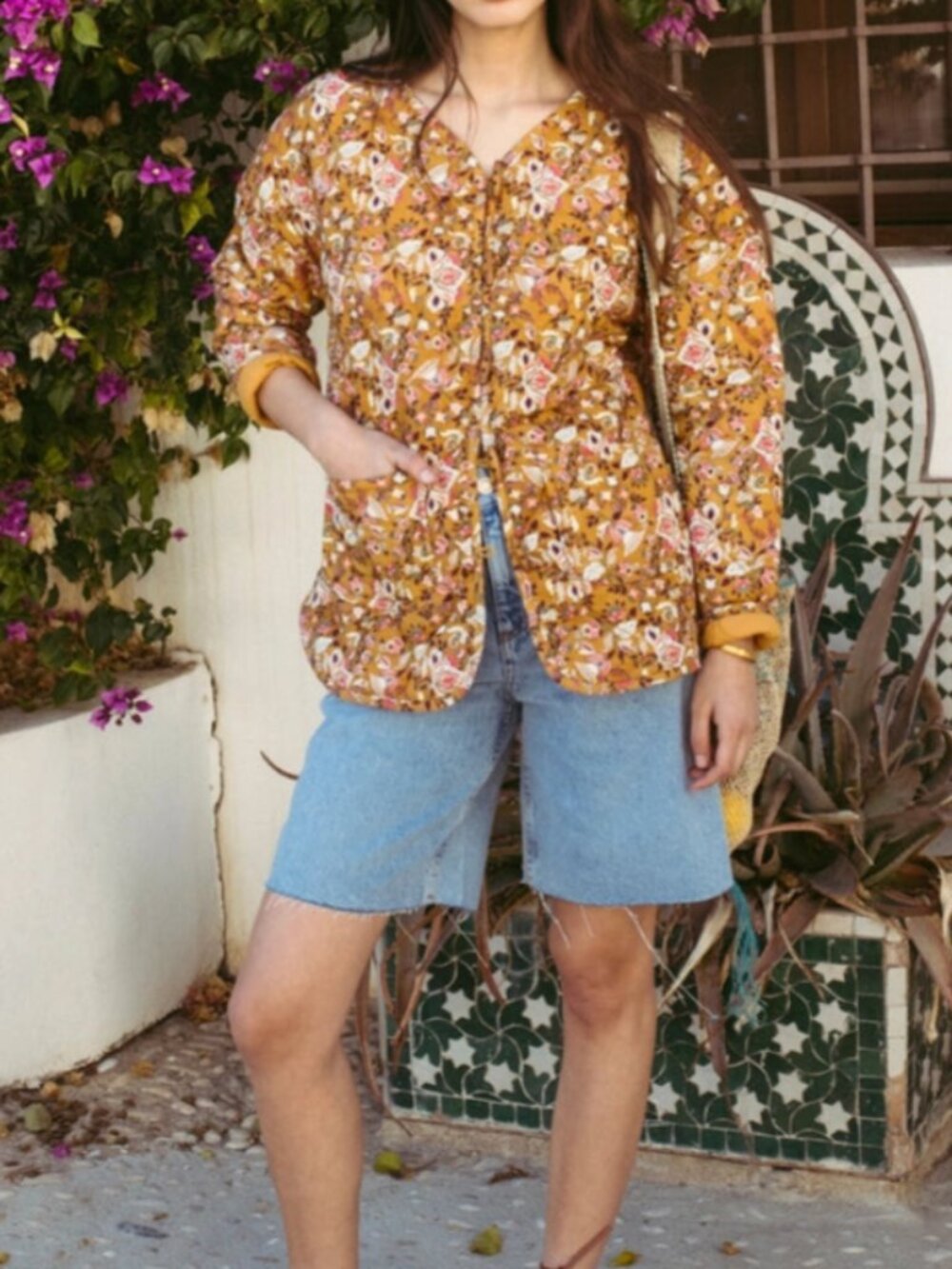 Quilted Floral Jacket with Wooden Toggle Buttons